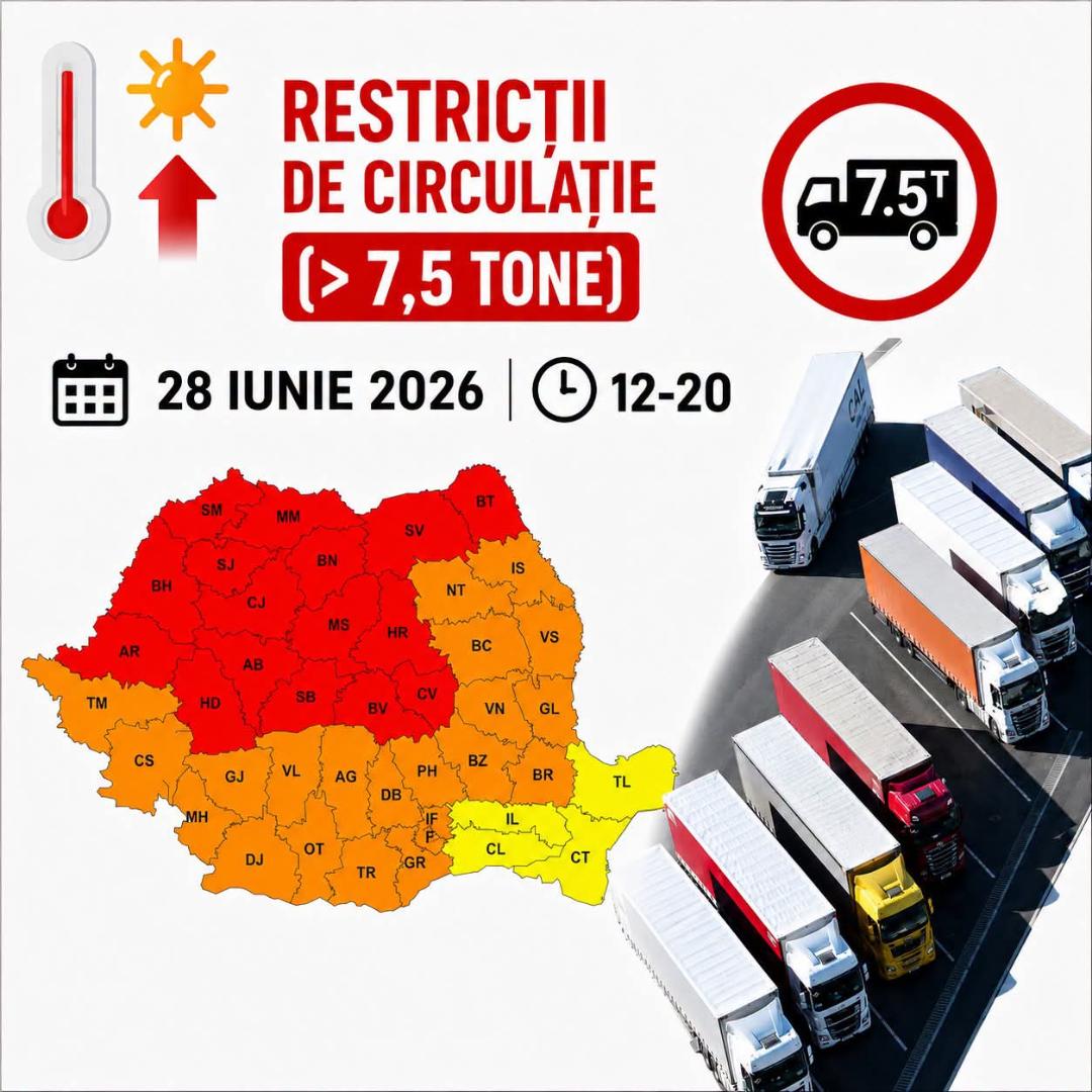 Restricții de circulație pentru vehiculele de peste 7,5 tone, duminică, 28 iunie, din cauza caniculei